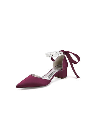 Pointed Toe Double Pearl Ankle Strap Party Shoes With Ribbon Tie - KissProm