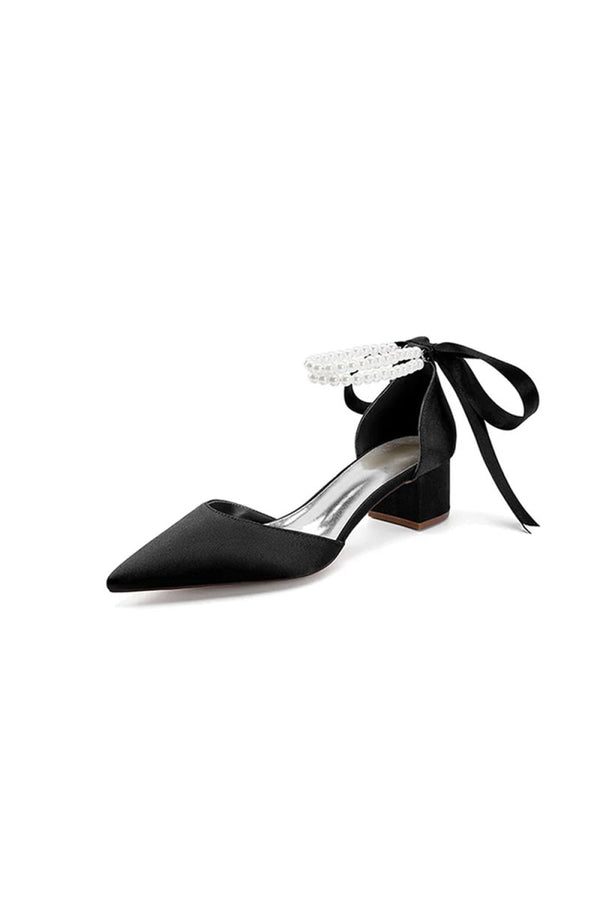 Pointed Toe Double Pearl Ankle Strap Party Shoes With Ribbon Tie - KissProm