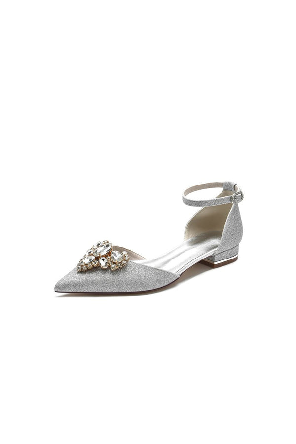 Pointed Toe Glitter Ankle Strap Low Heels With Rhinestone - KissProm