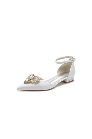 Pointed Toe Glitter Ankle Strap Low Heels With Rhinestone - KissProm