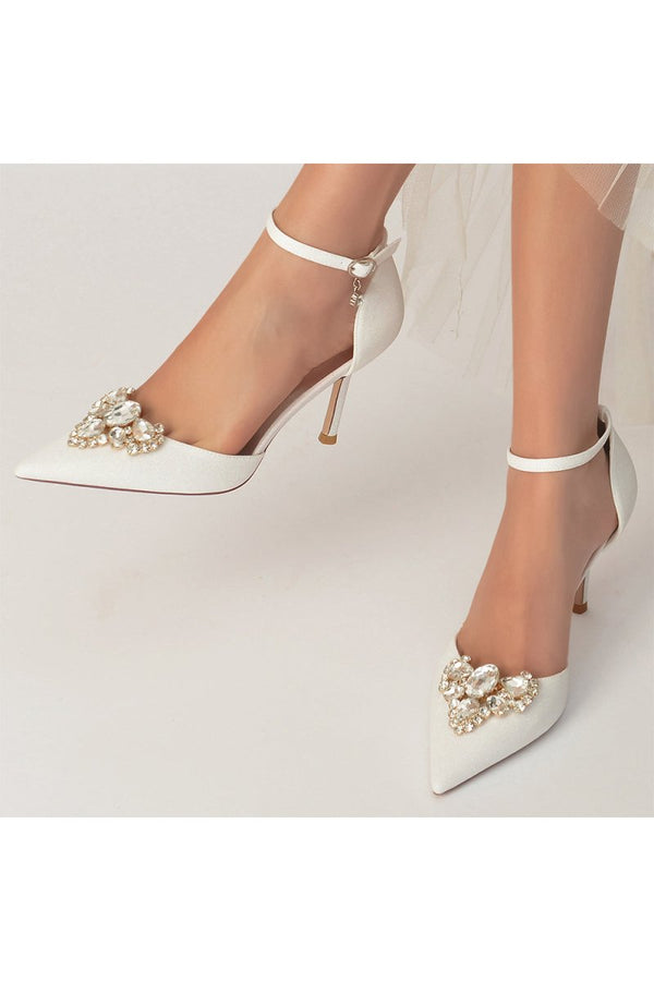 Pointed Toe Glitter Ankle Strap Rhinestone High Heels - KissProm