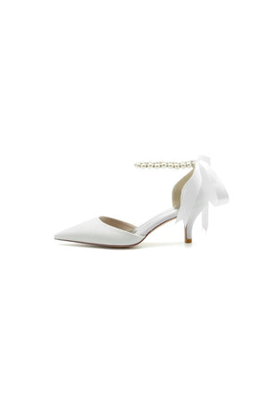 Pointed Toe Glitter Crystal Ribbons Faux Pearl Pumps - KissProm