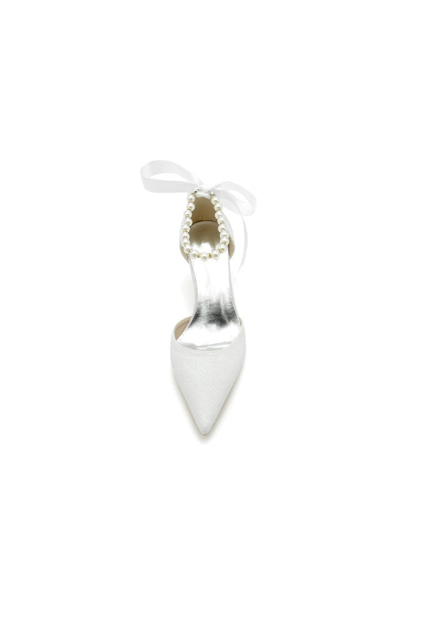 Pointed Toe Glitter Crystal Ribbons Faux Pearl Pumps - KissProm