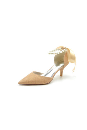 Pointed Toe Glitter Crystal Ribbons Faux Pearl Pumps - KissProm