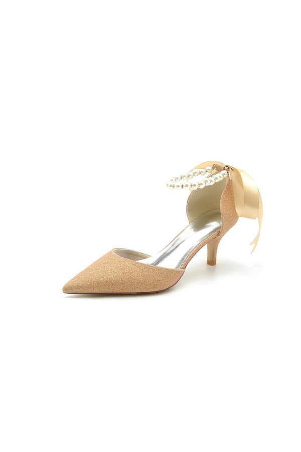 Pointed Toe Glitter Crystal Ribbons Faux Pearl Pumps - KissProm