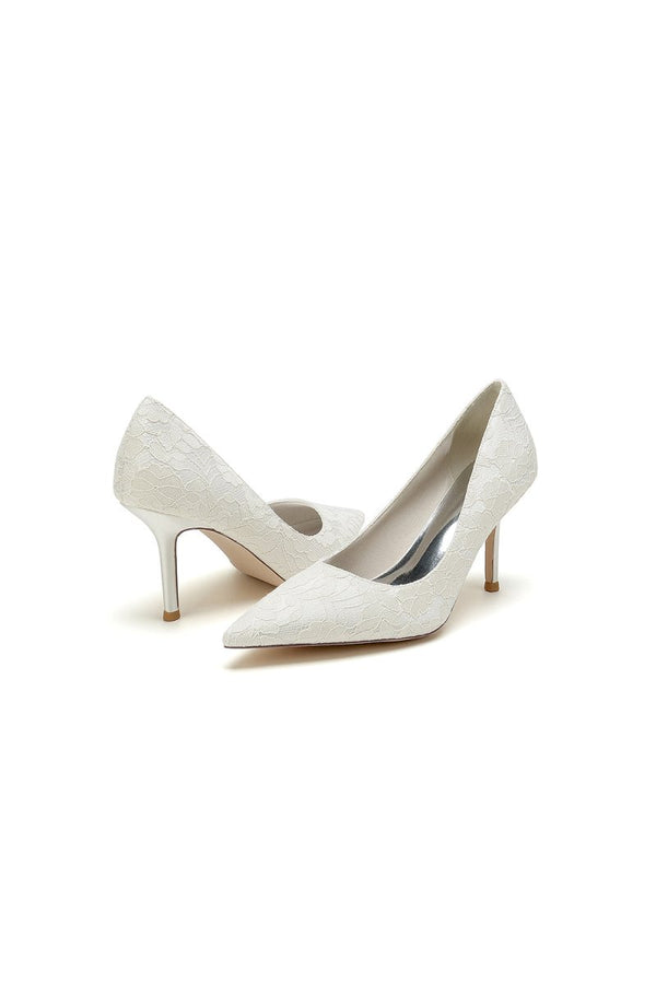 Simple Pointed Toe Lace Wedding Heels - KissProm