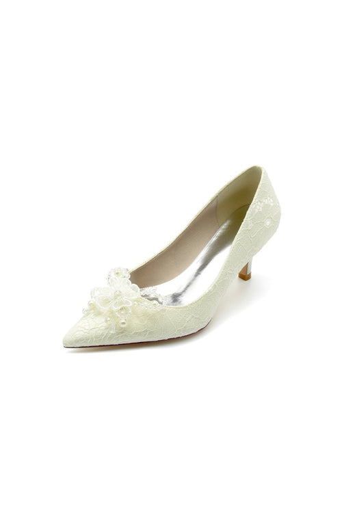 Pointed Toe Lace Wedding Shoes with Flower - KissProm