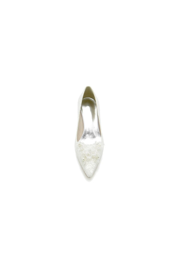 Pointed Toe Lace Wedding Shoes with Flower - KissProm