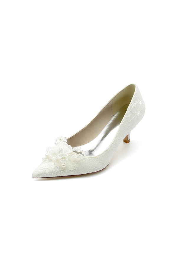 Pointed Toe Lace Wedding Shoes with Flower - KissProm