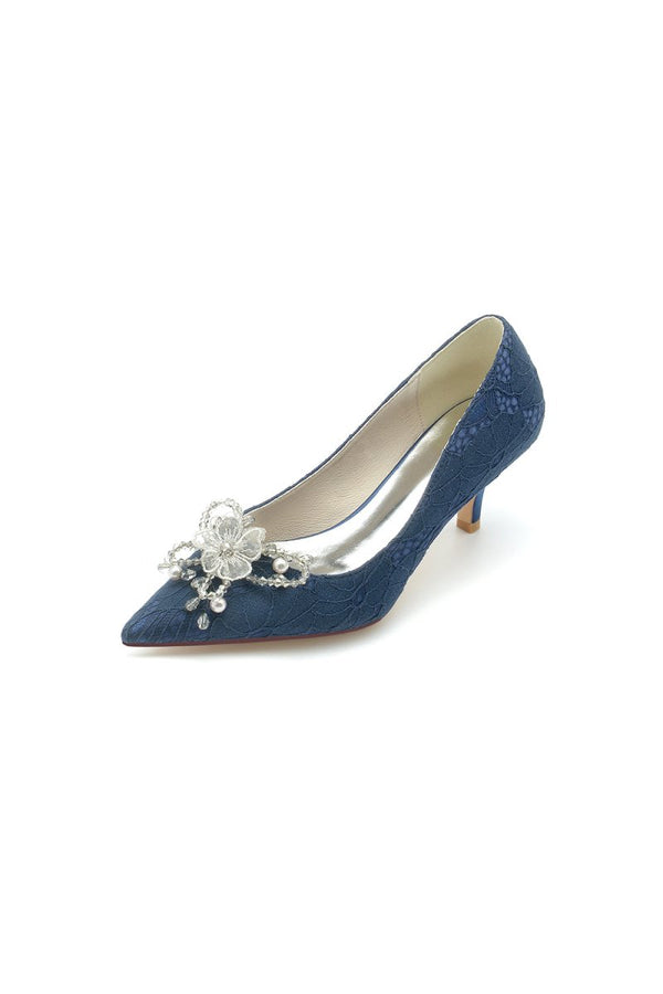 Pointed Toe Lace Wedding Shoes with Flower - KissProm
