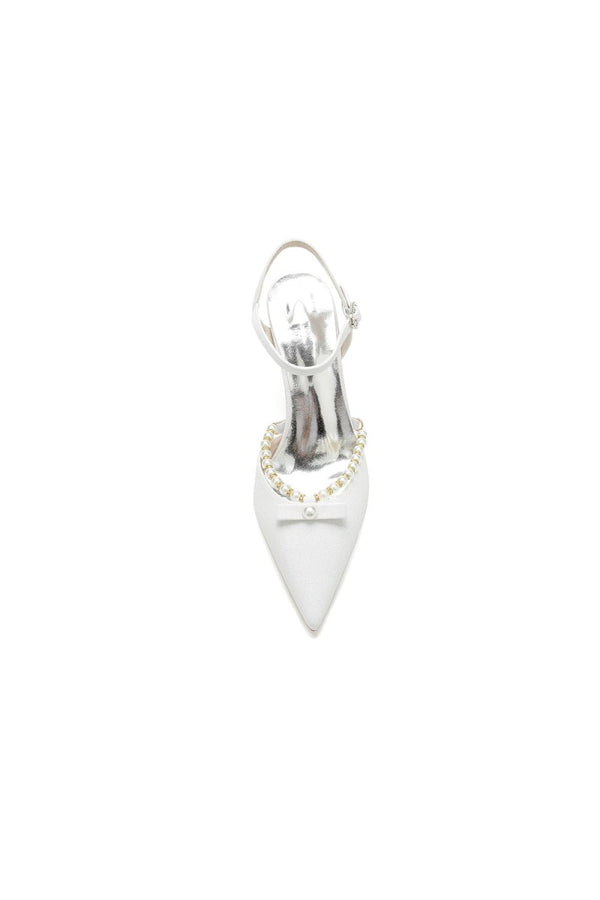 Pointed Toe Pearl Glitter Wedding Shoes With Bow - KissProm