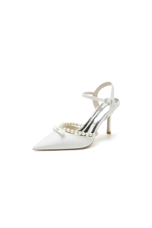 Pointed Toe Pearl Glitter Wedding Shoes With Bow - KissProm