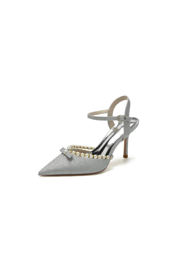 Pointed Toe Pearl Glitter Wedding Shoes With Bow - KissProm