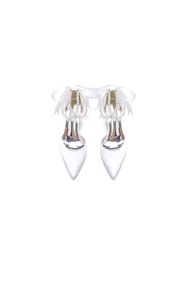 Pointed Toe Pearl Ribbon Ankle Strap Chunky Heel - KissProm