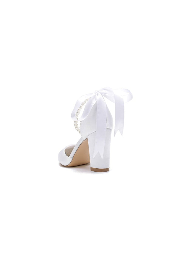 Pointed Toe Pearl Ribbon Ankle Strap Chunky Heel - KissProm