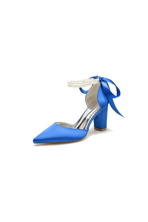 Pointed Toe Pearl Ribbon Ankle Strap Chunky Heel - KissProm