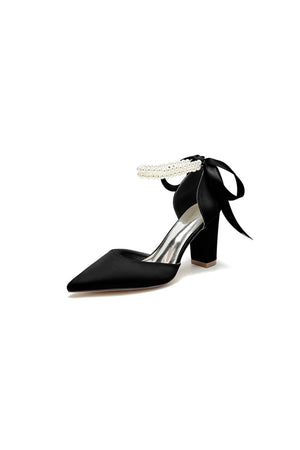 Pointed Toe Pearl Ribbon Ankle Strap Chunky Heel - KissProm