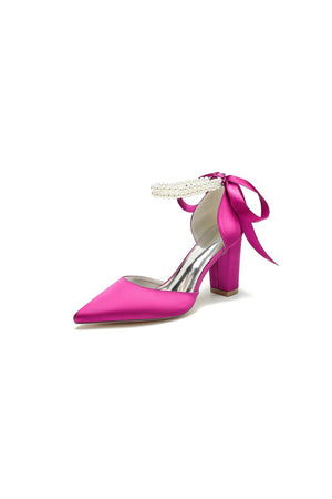 Pointed Toe Pearl Ribbon Ankle Strap Chunky Heel - KissProm