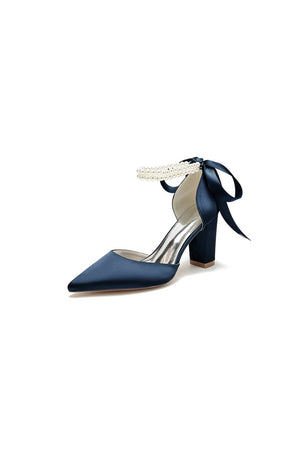 Pointed Toe Pearl Ribbon Ankle Strap Chunky Heel - KissProm