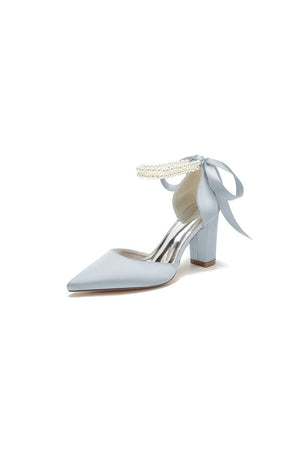 Pointed Toe Pearl Ribbon Ankle Strap Chunky Heel - KissProm