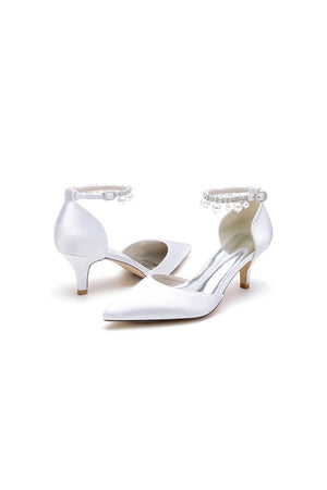 Pointed Toe Pearl Strap Kitten Heels - KissProm