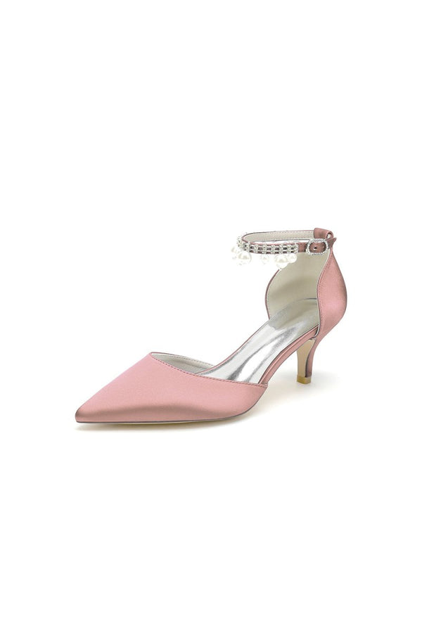 Pointed Toe Pearl Strap Kitten Heels - KissProm