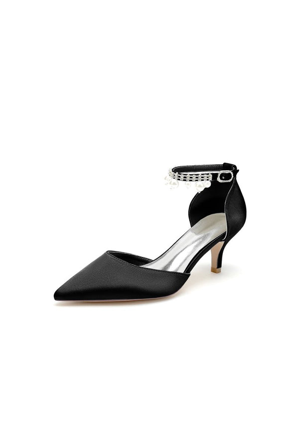 Pointed Toe Pearl Strap Kitten Heels - KissProm