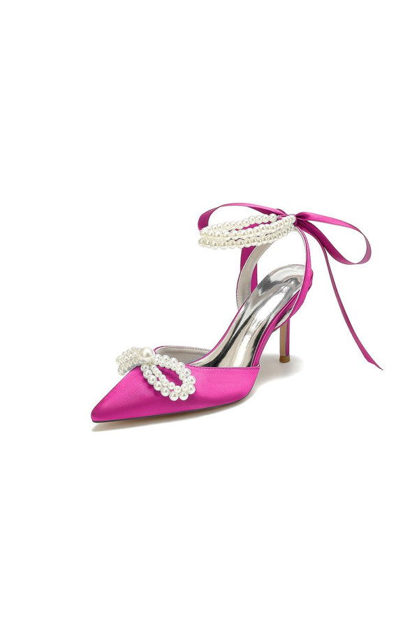 Pointed Toe Pearl Strap with Ribbon Tie - KissProm