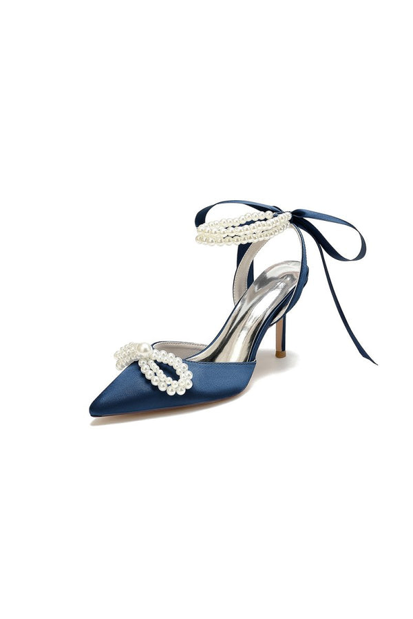 Pointed Toe Pearl Strap with Ribbon Tie - KissProm
