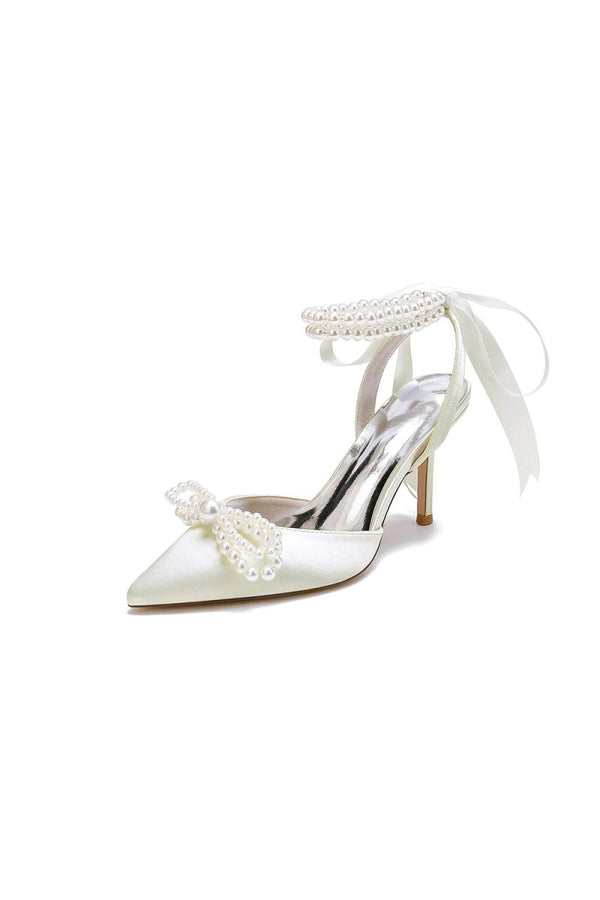 Pointed Toe Pearl Strap with Ribbon Tie - KissProm