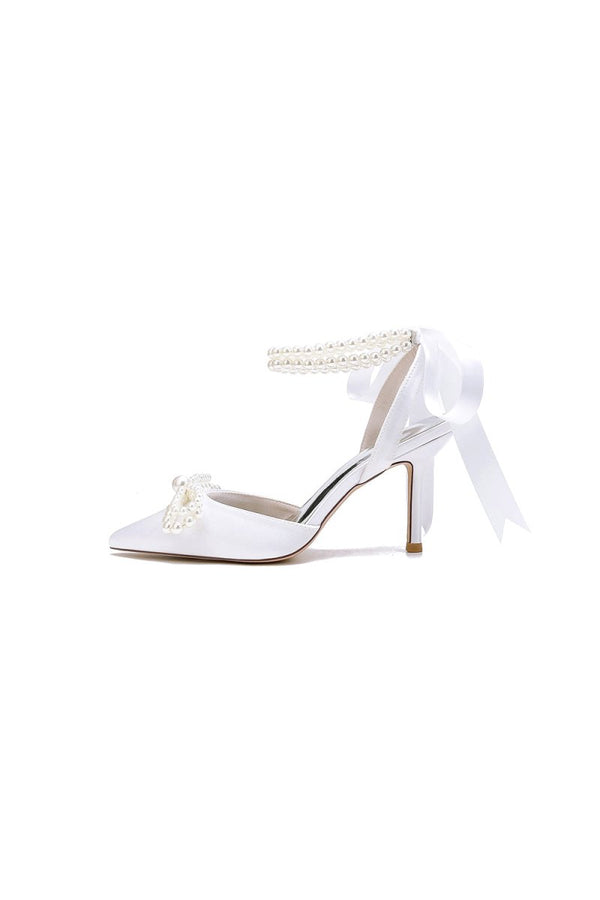 Pointed Toe Pearl Strap with Ribbon Tie - KissProm