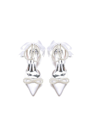 Pointed Toe Pearl Strap with Ribbon Tie - KissProm