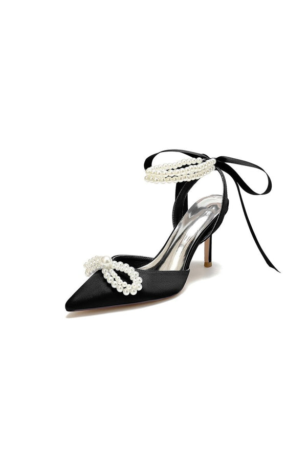 Pointed Toe Pearl Strap with Ribbon Tie - KissProm