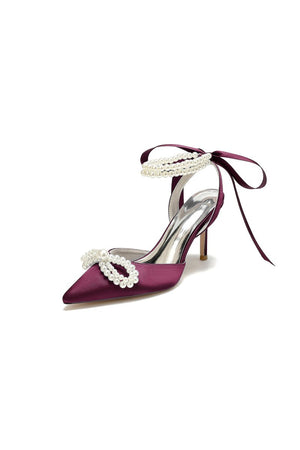 Pointed Toe Pearl Strap with Ribbon Tie - KissProm