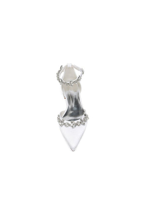 Pointed Toe Rhinestone Beaded Ankle Strap Kitten Heels - KissProm