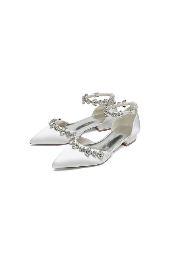 Pointed Toe Rhinestone Beaded Ankle Strap Kitten Heels - KissProm