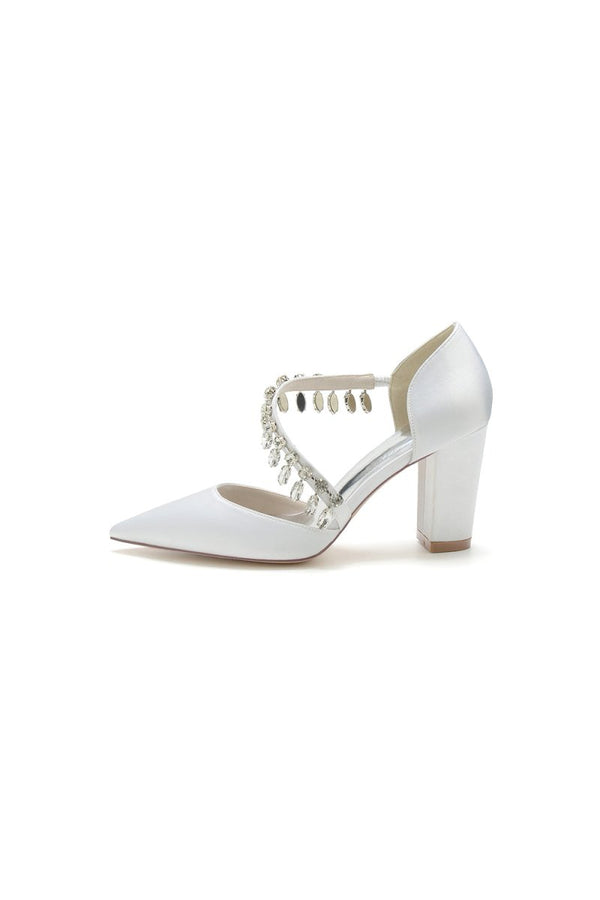 Pointed Toe Rhinestone Tassel Strappy Chunky Heels - KissProm