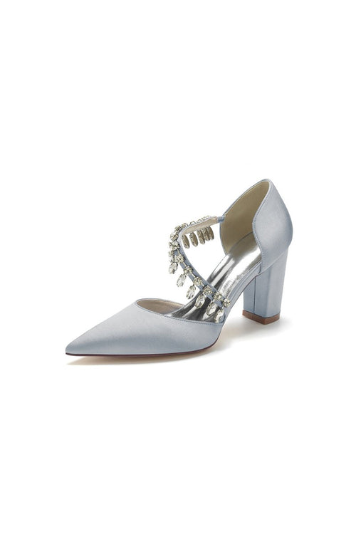 Pointed Toe Rhinestone Tassel Strappy Chunky Heels - KissProm