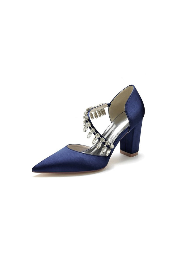 Pointed Toe Rhinestone Tassel Strappy Chunky Heels - KissProm