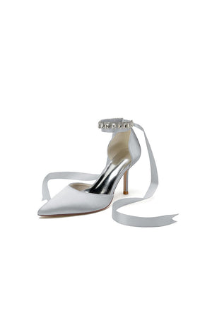 Pointed Toe Stiletto Heels with Ribbon Tie - KissProm