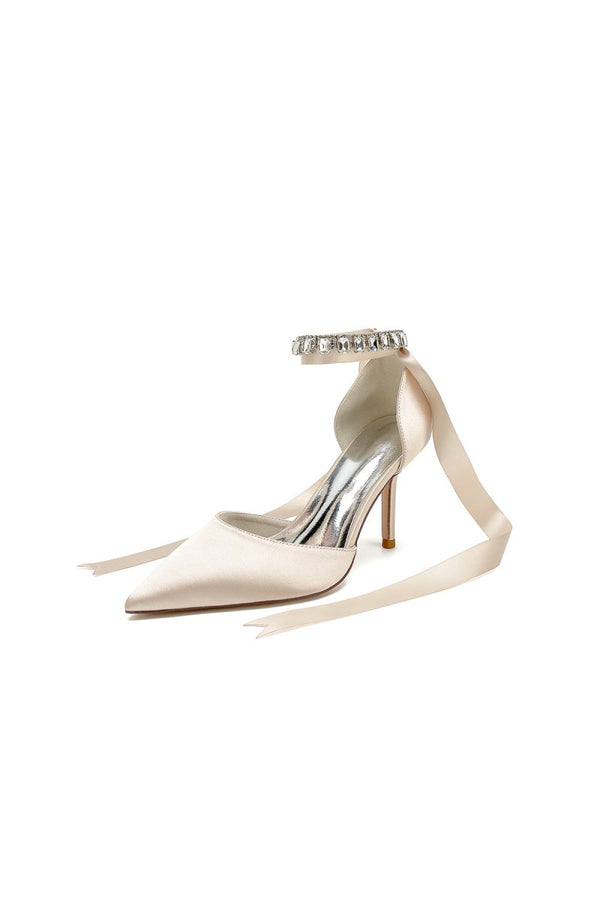 Pointed Toe Stiletto Heels with Ribbon Tie - KissProm