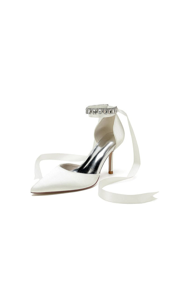 Pointed Toe Stiletto Heels with Ribbon Tie - KissProm