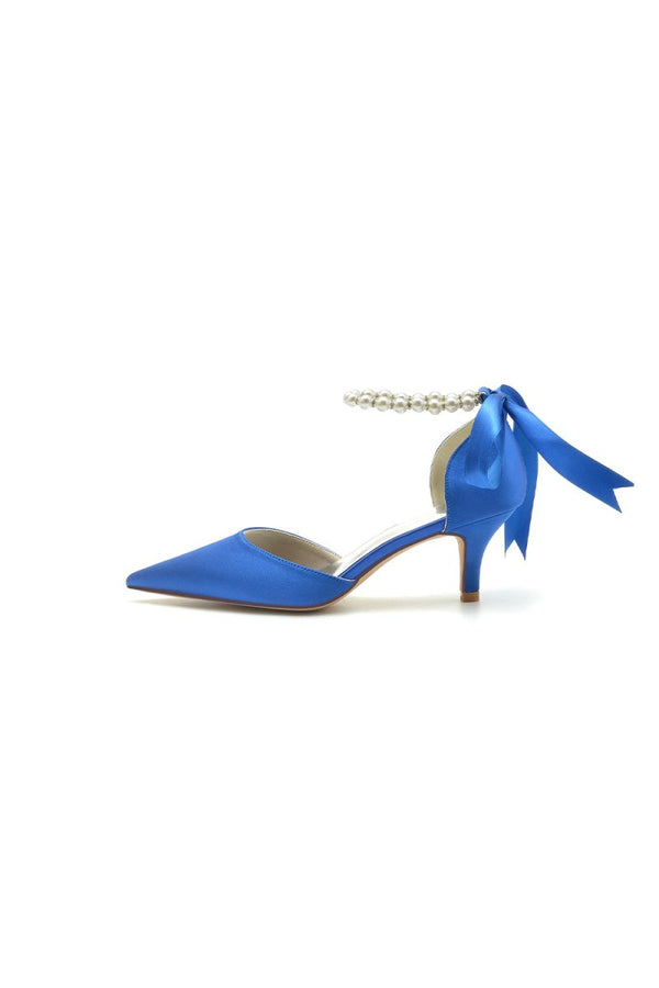 Pointed Toe Ribbons Faux Pearl Pumps - KissProm