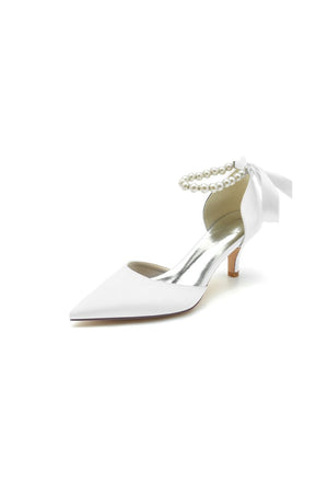 Pointed Toe Ribbons Faux Pearl Pumps - KissProm
