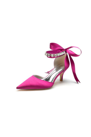 Pointed Toe Ribbons Kitten Heels With Diamond - KissProm