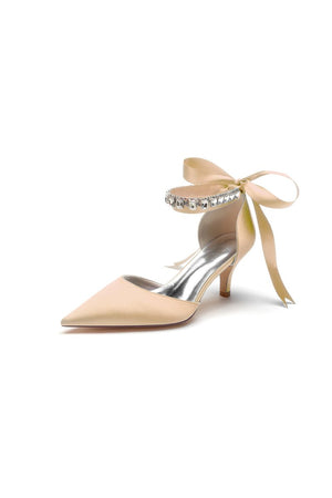 Pointed Toe Ribbons Kitten Heels With Diamond - KissProm