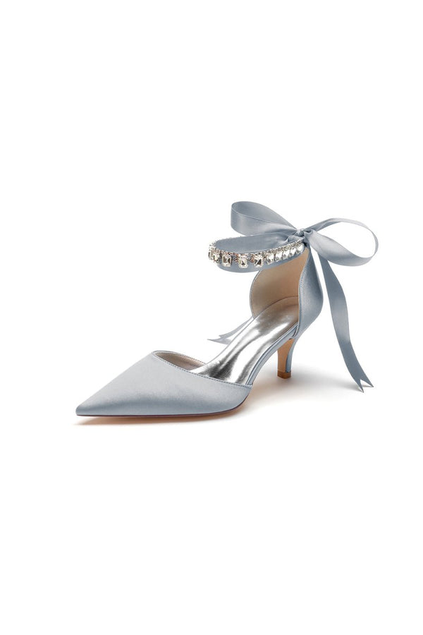 Pointed Toe Ribbons Kitten Heels With Diamond - KissProm