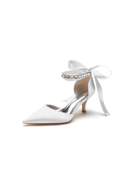 Pointed Toe Ribbons Kitten Heels With Diamond - KissProm