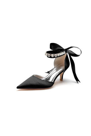 Pointed Toe Ribbons Kitten Heels With Diamond - KissProm