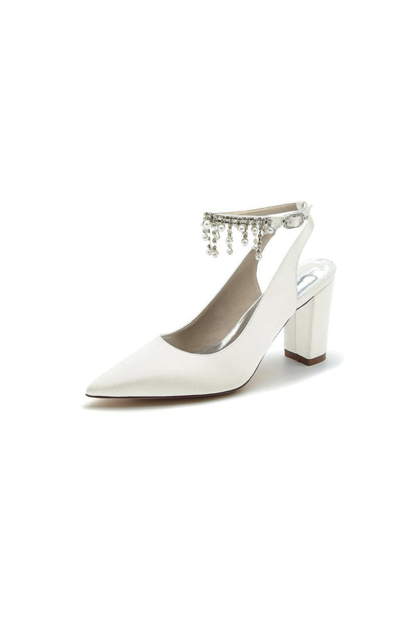 Pointed Toe Satin Chunky Heels With Pearl Tassel - KissProm